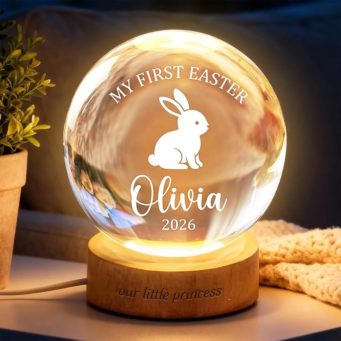 Personalized Easter Bunny Crystal Ball LED Lamp, Custom Name Glass Globe Night Light, Spring Home Decor Accent Light with Wooden Base, My First Easter Keepsake Gift for Family and Bedroom Display