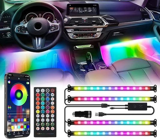 RGB Dream Color Interior Car Strip Lights with Smart APP Remote Control, DIY Mode and Music Mode, Multicolor Footwell Under Dash Chasing Inside Light Kits for Cars Truck ATV UTV with Car Charger