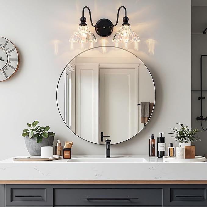 Vintage Bathroom Light Fixtures Over Mirror, 2-Light Black Wall Sconce Lighting with Flower Glass Shade, Farmhouse Vanity Lights for Bedroom Kitchen Living Room Hallway Light