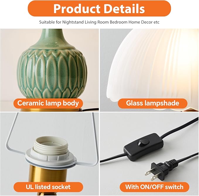 Ceramic Table lamp, Modern Bedside Lamps Green Mid Century Vintage Desk Lamp Retro Glass Mushroom Traditional Lamp for Nightstand Living Room Bedroom Home Decor (S03GN-1PACK)