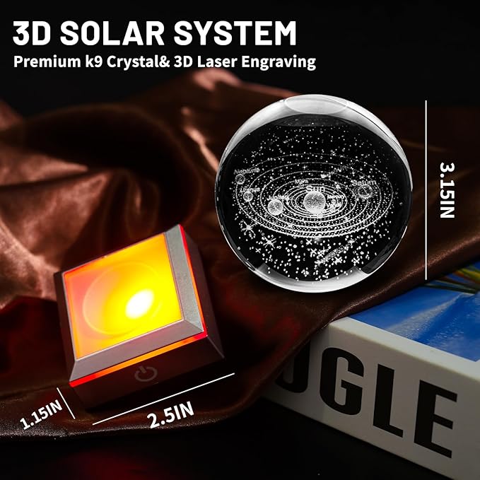 3D Solar System Crystal Ball Night Light with LED Colorful Lighting Touch Base 3.15 in Galaxy Planets Glass Ball Lamp Paperweight Astronomy Gift Decor for Boys Girls Kids Birthday Christmas