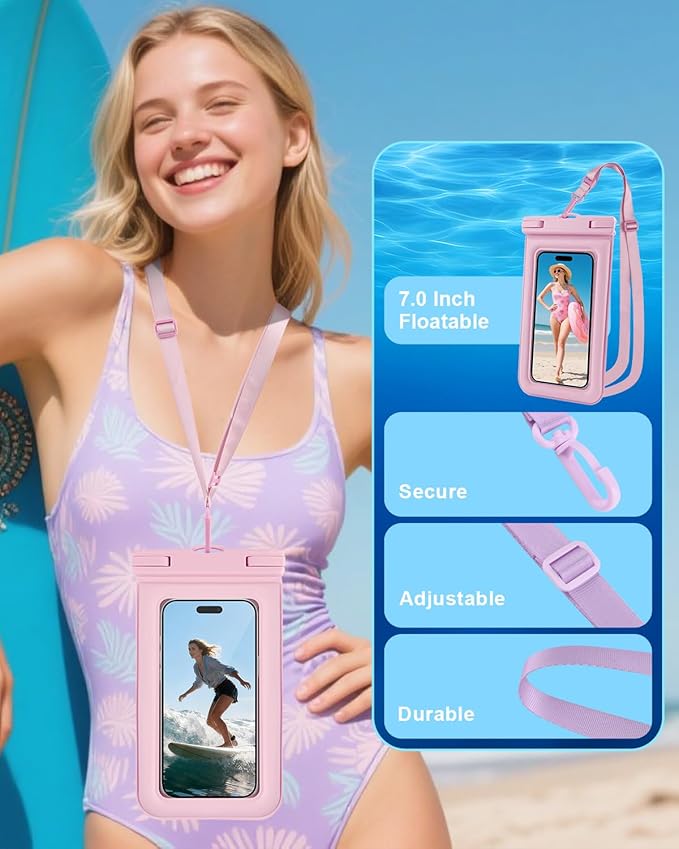 Floating Waterproof Phone Pouch 2 Pack, IP68 Waterproof Phone Case, Up to 8.3" Dry Bag for iPhone 17 16 15 14 Pro Max Samsung S25 Ultra S24 S23, Kayak/Beach/Cruise Travel Essentials Pink