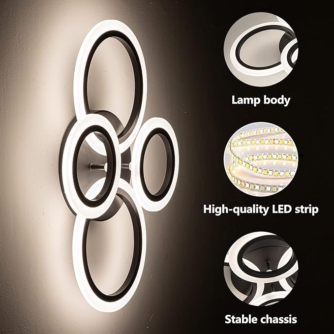 34W Modern LED Ceiling Light, 3000K-6000K Dimmable Ceiling Lighting Fixtures Ceiling Mount 4 Rings Black LED Chandelier Bedroom Lights Flush Mount with Remote for Kitchen, 2720LM