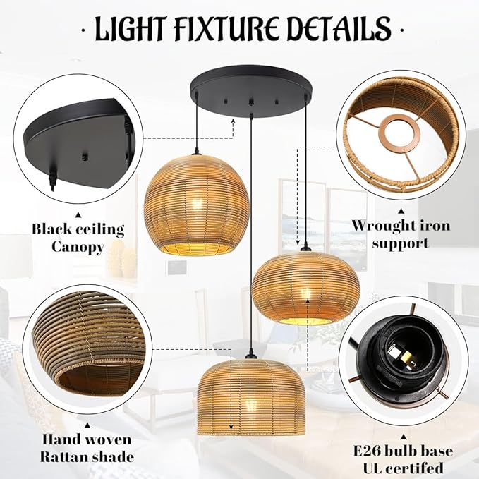 3-Light Chandelier Vintage Rattan Pendant Light Fixtures Hand Woven Boho Rattan Light Fixtures Ceiling Hanging, Farmhouse Chandelier for Dining Room Kitchen Island Bedroom
