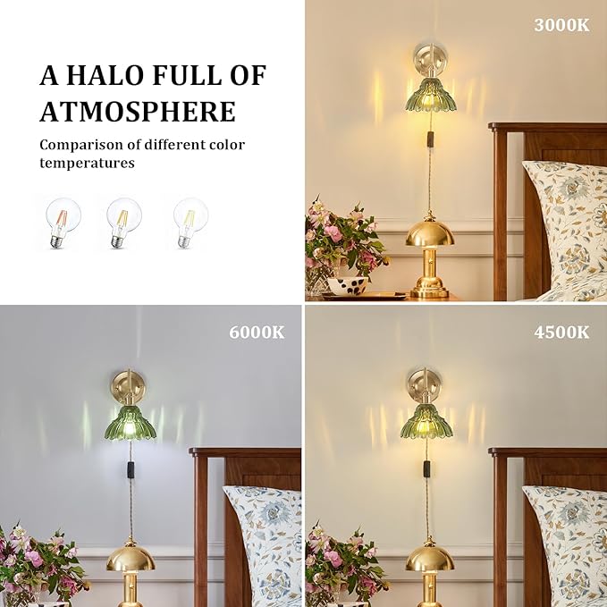 Plug in Wall Sconce Set of 2, Gold Vintage Wall Lights with Green Lily Glass Shade, Indoor Brass Corded Wall Lamp Fixture for Bedroom Living Room Bathroom Hallway