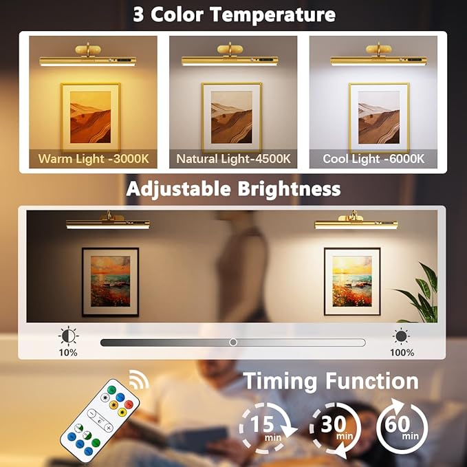 Motion Sensor Battery Operated Picture Light, Wireless Rechargeable Magnetic Art Wall Sconce with Remote Control, LED Picture Frame Lighting for Paintings Poster Mirror Portrait Gallery Dart (Brass)