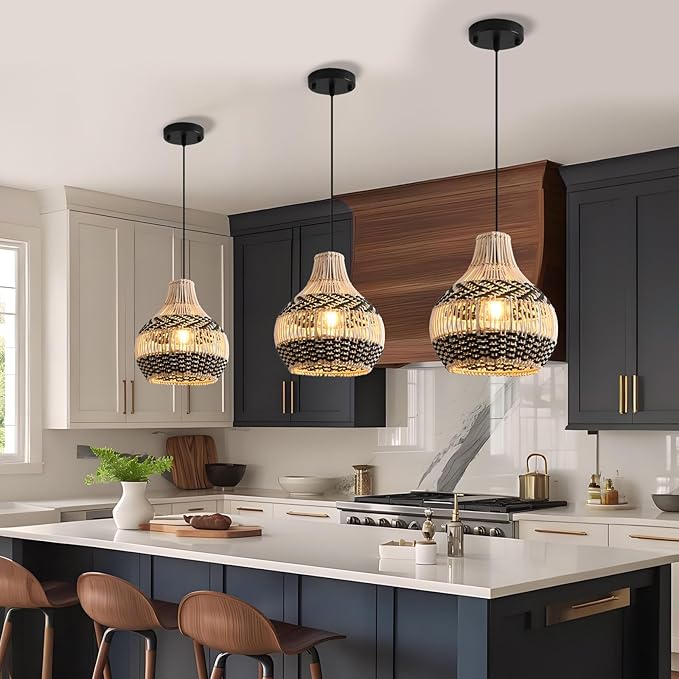3-Pack Rattan Pendant Light,11" Hand-Woven Black Faux Boho Wicker Pendant Light Mini Rattan Hanging Light Fixture Farmhouse Woven Chandelier for Kitchen Island Bedroom Dining Room