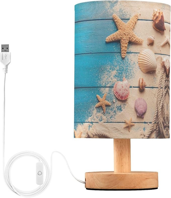 Table Lamp Summer Seashell Starfish Rope Sand on Blue Wood Nightstand Lamp with Wood Base Fabric Lamp Shade Bedside Desk Lamp for Living Room Bedroom Kids Room Office