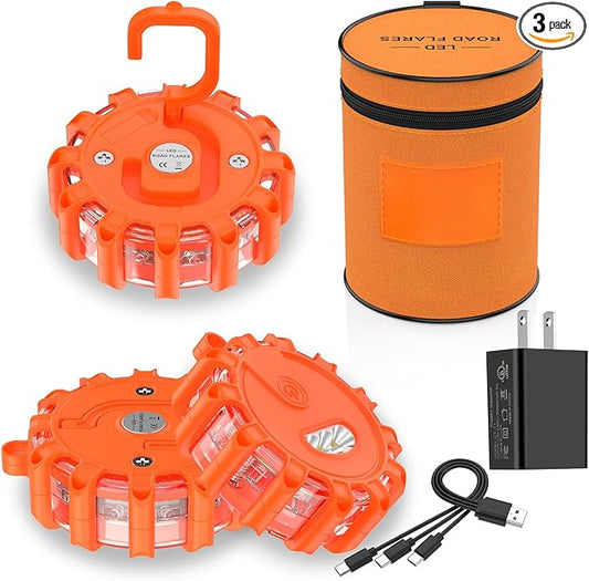 Meliya USB C Rechargeable LED Road Flares Emergency Lights with Magnetic Base, 9 Strobe Options Roadside Emergency Warning Car Safety Beacon Flashing Disc Flare Kit (Orange Lights, 3 Pack)