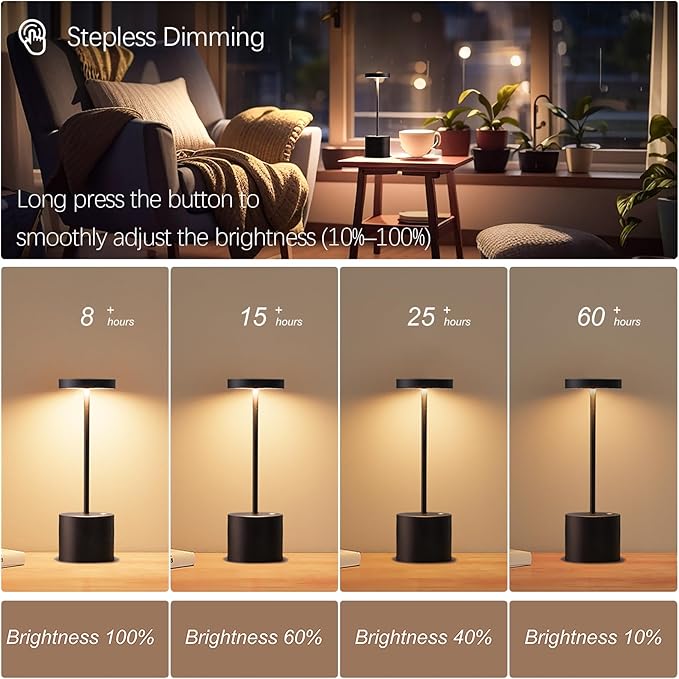 Cordless Table Lamp (2-Pack), Portable LED Rechargeable, 5000mAh Battery, 3 Color & Stepless Dimming, IP54 Waterproof Metal Lamp for Outdoor, Patio, Dining, Home Decor (Matte Black)