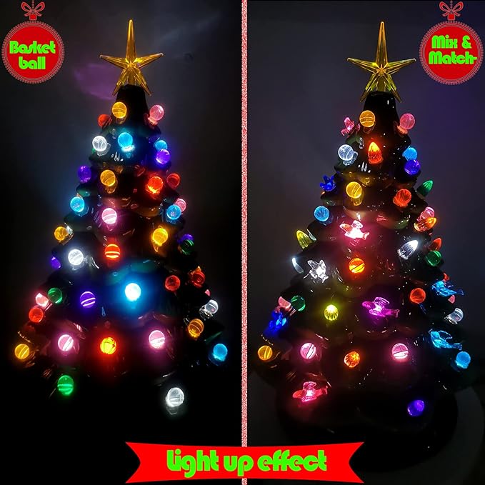 130Pcs Ceramic Christmas Tree Medium Replacement Lights Bulbs/Tree Pegs Decoration Accessories - Twist/Bird/Round Earth & 4Pcs Modern Star (Pentagram and Heptagram)