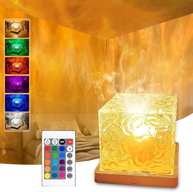 Ocean Wave Projector Lamp,Northern Lights Aurora Projector Light,16 Colors Gradual Rotating Flame Water Lamp，Cube Night Light with Remote Control for Living Room Bedroom Decor Hotel, etc