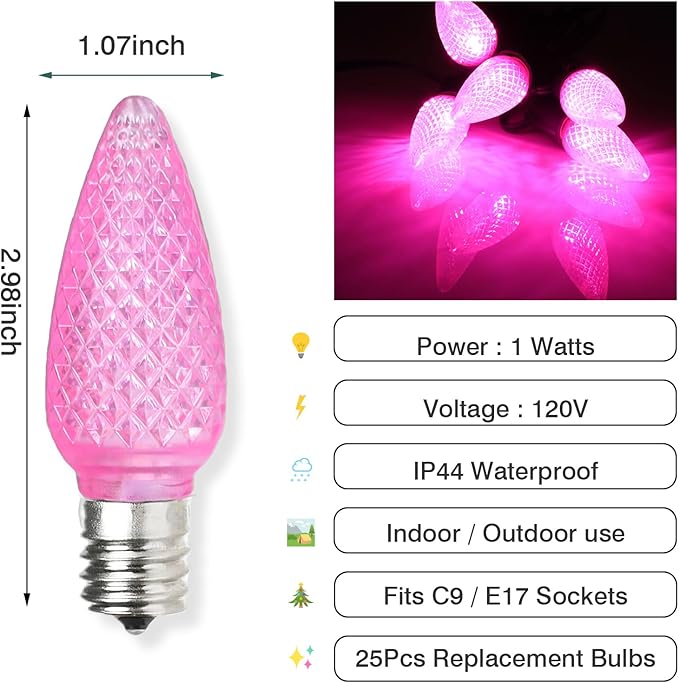 25PCS C9 LED Christmas Light Bulbs - C9 led Bulbs with E17 Base Sockets Replacement Bulbs for Outdoor String Lights - Commercial Grade Pink