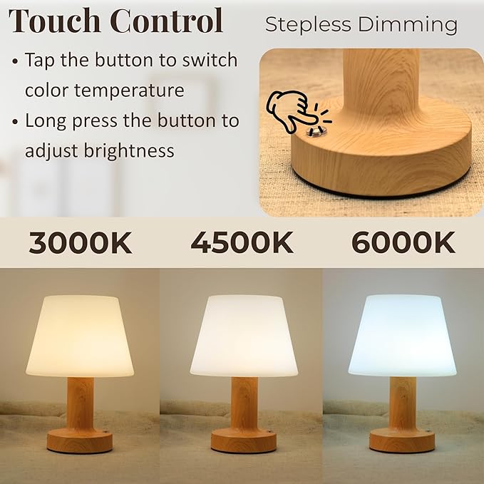 Small Mushroom Table Lamp, Cordless Night Light with 2600mAh Rechargeable Battery, Stepless Dimming Desk Lamp with 3 Colors for Bedroom/Patio/Living Room (White-2)