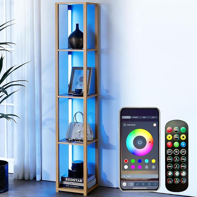 RGBCW Floor Lamp, Smart Modern Floor Lamp with Music Sync, Color Changing Corner Display Shelf Lamp, Standing Lamp with Shelves for Living Room and Bedroom, Office, Home Décor