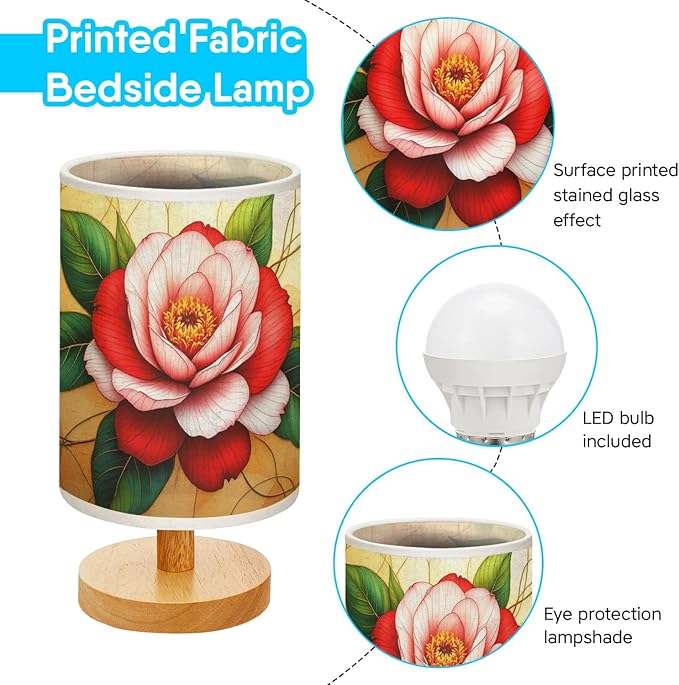 Camellia Table Lamp LED 3-Color Pressed Bedside, Camellia Shade Lamp with Wood Base for Bedroom Living Room Desk Office TL01