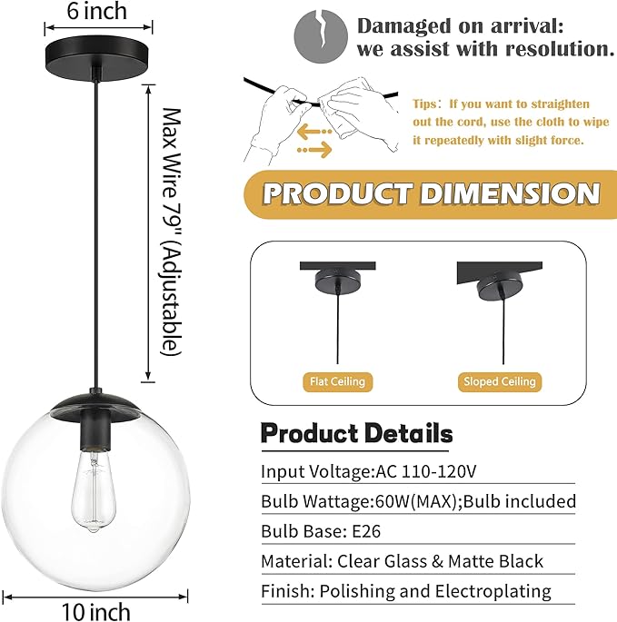KoKo&Yukina 10" Globe Pendant Light Black Mid Century Pendant Light Mid Century Adjustable Hanging Light Fixture Matte Black Finished with Clear Glass Lampshade for Dining Room Bedroom Kitchen Island