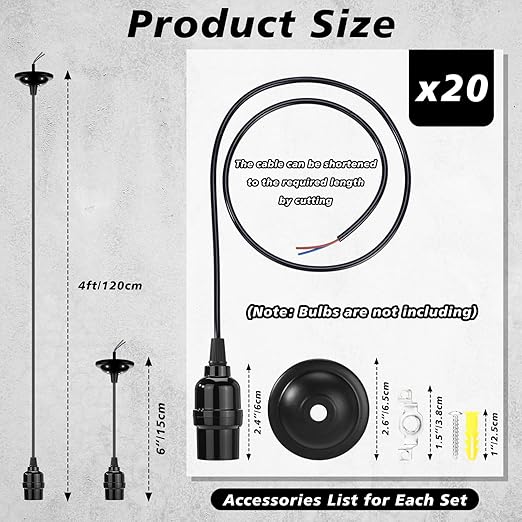 Retisee 20 Pack Hanging Pendant Light Cord Kit Bulk E27 Base 4ft Adjustable Hanging Heavy Duty Industrial Edison Bulb Lamp Swag Light Kit for Kitchen Dining Room Terraces (Without Control Knob)