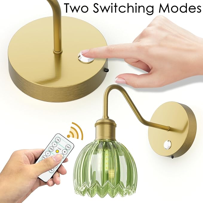 2 Pack Battery Powered Wall Sconce with Green Tulip Glass Lampshade, Rechargeable Dimmable LED Wall Sconce for Living Room, Hallway, Bedroom, Dining Room