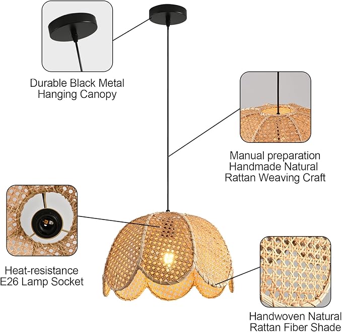 15.75" Rattan Pendant Light Boho Natural Rattan Hanging Lamp,1-Light Hand-Woven Flower Shaped Ceiling Chandelier for Dining Living Bedroom Kitchen Farmhouse