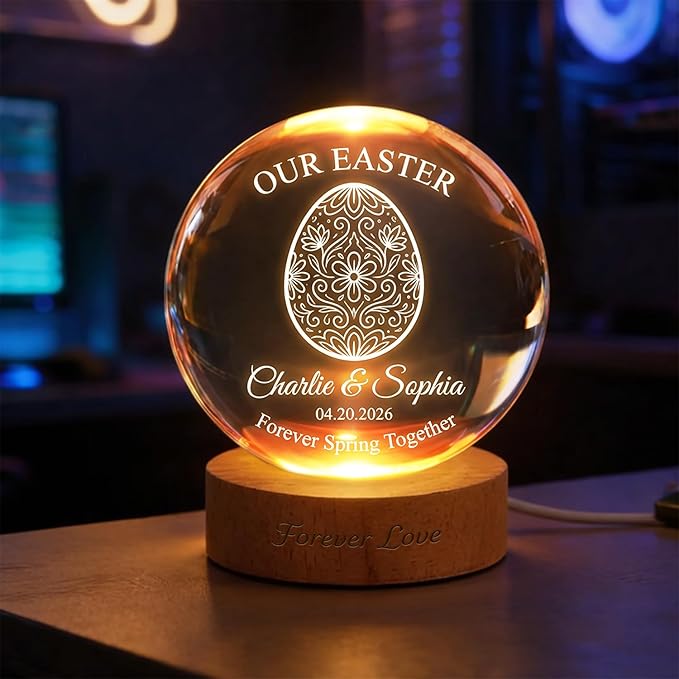 Personalized Easter Egg Crystal Ball LED Night Light, Custom Name Glass Globe Lamp with Date, Engraved Floral Egg Design Spring Keepsake Gift for Couples Family Anniversary