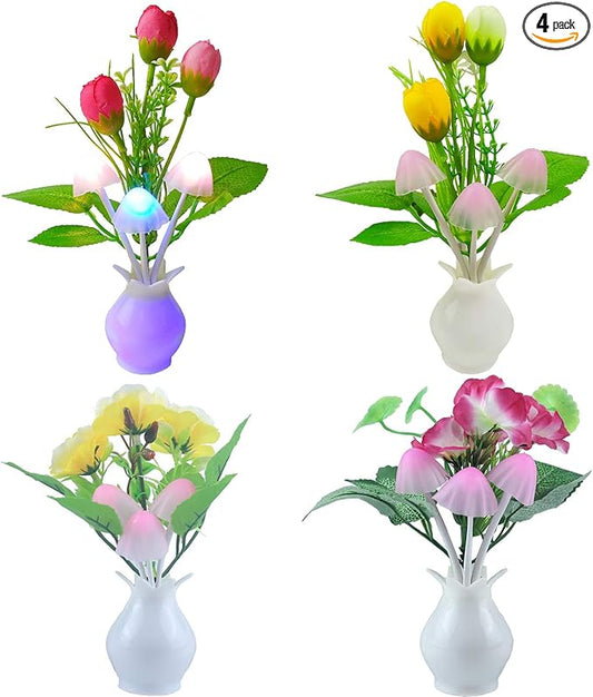 4 Pack Mushroom Night Light, Tulip Clove Plum Flowers Plants Plug-in Mushrooms Colors Changing Nightlight Colorful LED Wall Lamp Little Night Lights for Bathroom Bedroom Corridor Nursery