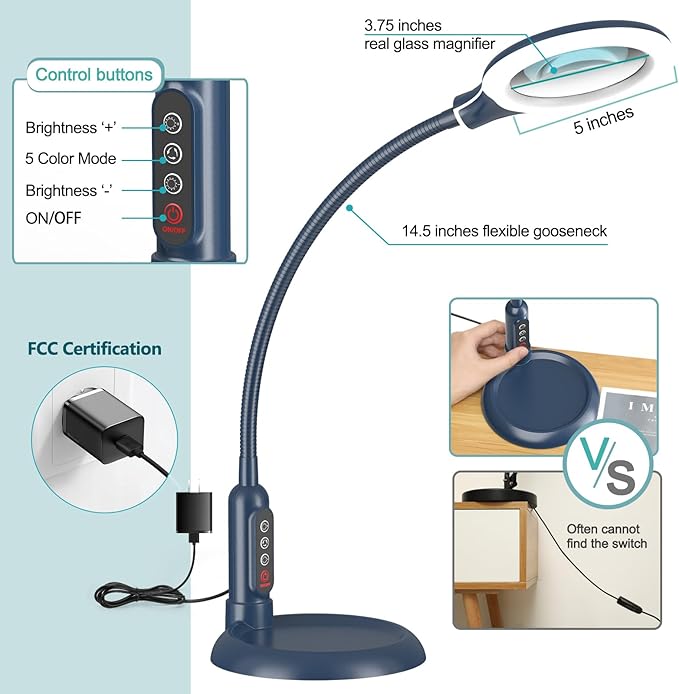 10X Magnifying Glass with Light and Clamp, 5 Color Modes Stepless Dimmable Lighted Magnifier with Stand, Flexible Gooseneck LED Desk Lamp Hands Free for Craft Painting Hobby Close Work - Blue