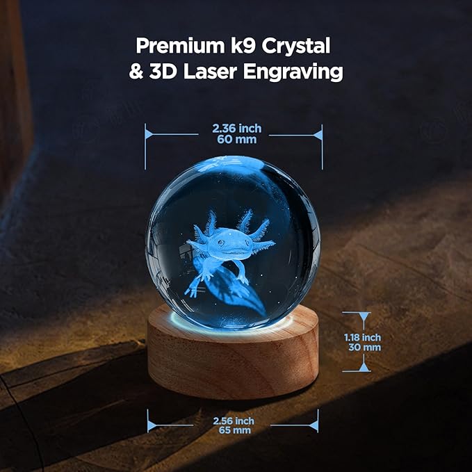 3D Axolotl Crystal Ball Night Light with 16 Color, Unique 60mm Axolotl Figurines Glass Ball Lamps with Remote Cool Axolotl Toy Room Table Decor Birthday Christmas Gifts for Boys Girls Kids Friends
