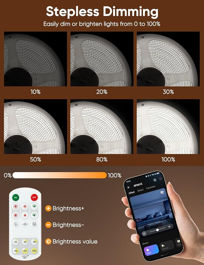 COB LED Strip Lights 6000K Cold White DC24V 16.4ft/5m CRI90+ Super Bright Dimmable Flexible LED Tape Lights with Music Sync Smart App RF Remote Control for Living Room Ceiling Cabinet Lighting
