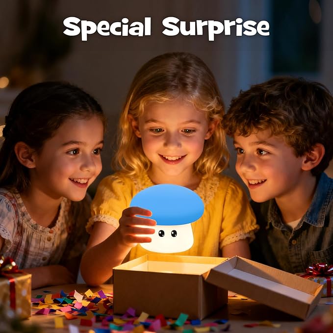 Squishy Big Eyes Mushroom Night Light with RGB Mode 3 Brightness Adjustable Nursery Breastfeeding Nightlight Cute LED Blue Mushroom Lamp Rechargeable Silicone Touch Bedside Lamp for Bedroom Dorm Decor