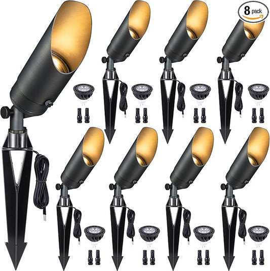 Gardenreet Brass Spot Light Low Voltage - Outdoor Landscape Spotlights, 12V Landscaping LED Uplights, Hard-Wired All Weather Bronze for Backyard Lawn with Day Light Changeable Bulbs (8 Pack)