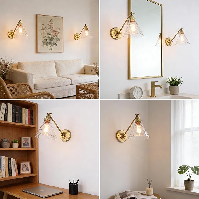 Industrial Vintage Slope Pole Wall Mount Single Sconce with Funnel Flared Clear Glass Shade, Swing Arm Wall Sconce Light Lamp Fixture Hardwired