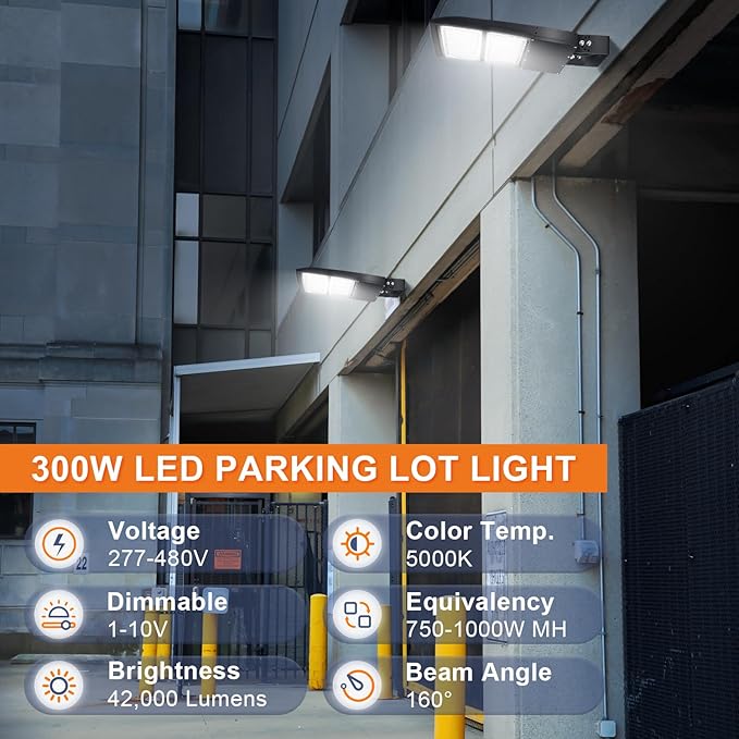 480V 300W LED Parking Lot Light, 42000LM LED Shoebox Street Flood Light (1000W MH/HPS Equiv.), 5000K Dimmable Commercial Area Lighting with 20KV Surge Protection, IP65 277-480V UL&DLC Listed