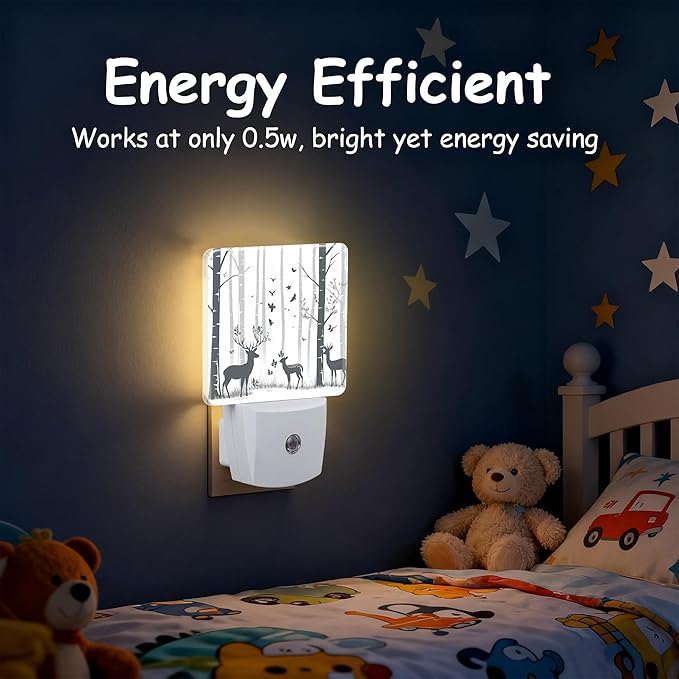 Deer in The Forest Night Light for Kids, Dusk-to-Dawn Auto Sensor Plug in Night Light, 0.5W Energy Saving Non-Toxic Design for Bedroom/Bathroom, Ideal Gifts for Women, Men & Kids