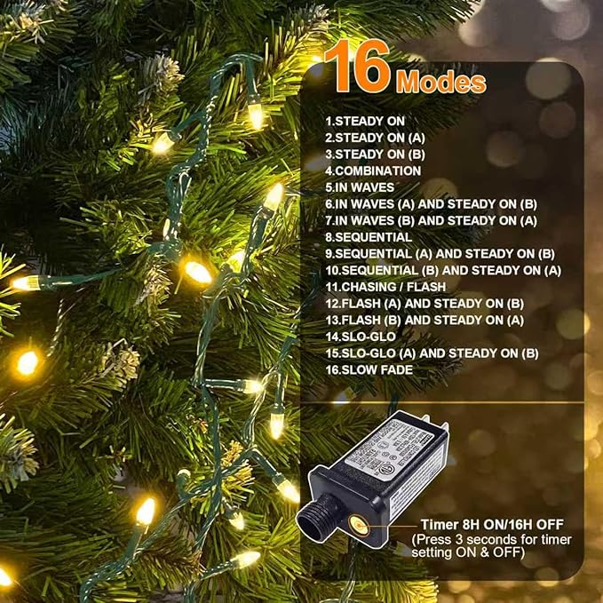 LAMPHOME Warm White Christmas Mini Lights, 32.5FT 100 LED String Lights with 16 Light Modes, Fairy Lights Plug in for Outdoor Xmas Trees Garland Wreath Holiday Decorations
