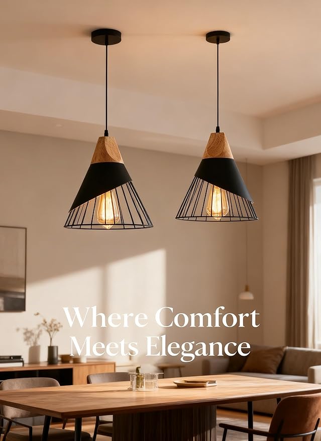 Pendant Lights Kitchen Black 2 Pack,Industrial Modern Lighting Hanging Lamps,Wood Dome Minimalist Industrial Ceiling Hanging Lights for Kitchen Island,Dining Room,Living Room,Bedroom,Hallway