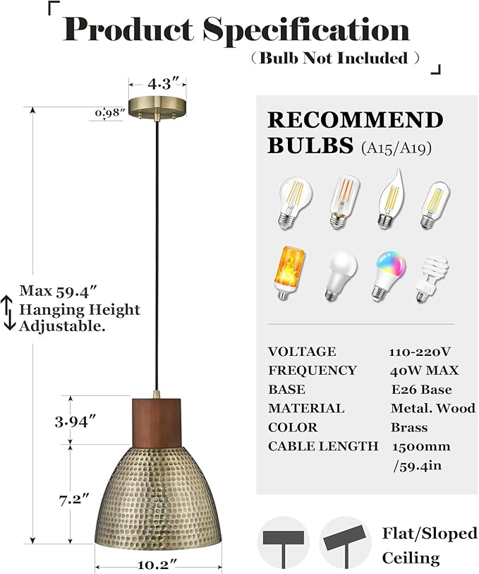 ELYONA Vintage Hammered Pendant Light Fixtures, 10.2” Industrial Metal Hanging Bar Lamp, Solid Wood Antique Gold Adjustable Pendant Light for Kitchen Island, Farmhouse, Dining Room, Brushed Brass