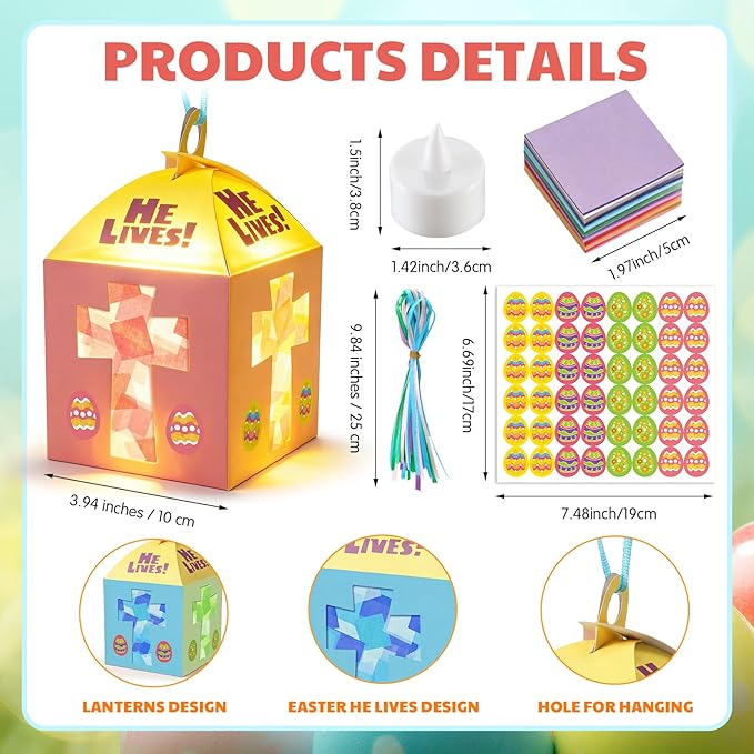 Simgoing 12 Sets Easter Crafts with LED Candles Lights Religious Easter He Lives Cross Tissue Paper Crafts Kits DIY Religious Hanging Ornaments for DIY Home Activities