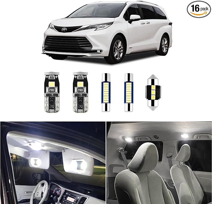 16 Pcs Super Bright 6000K White LED Interior Light: Bulbs Kit Package for 2011-2015 2016 2017 2018 2019 2020 2021 Toyota Sienna Lighting Package Kit Includes Light Accessories+ and Install Tool