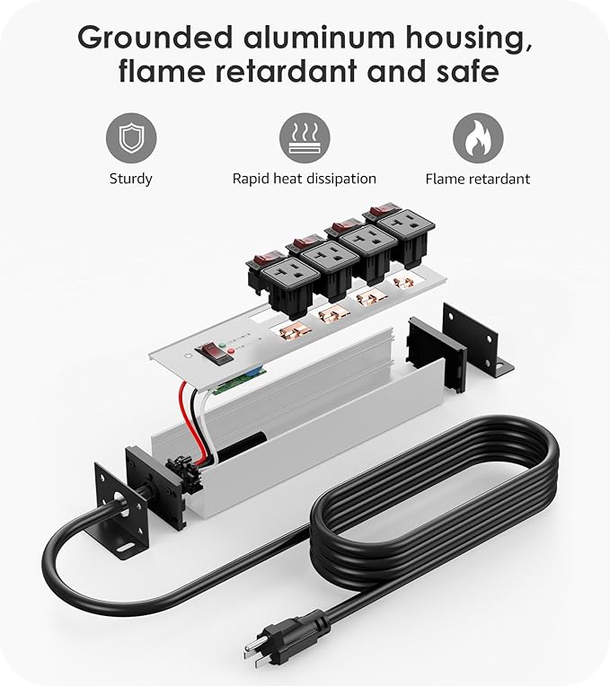CCCEI Heavy Duty Surge Protector Power Strip 20 Amp Individual Switches. 6FT 12 Gauge Extension Cord with Multiple Outlets. Kitchen, Garage, Shop, Industrial Wall Mount Electric Extender, Grey.