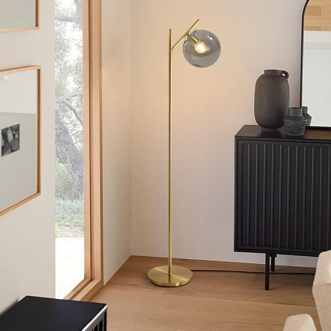 Farmhouse Floor Lamp Retro Smoky Gray Glass Standing Tall Lamps Vintage Brass Freestanding Floor Lamps Adjustable Globe Floor Lamp for Office Bedroom