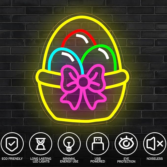 Easter Neon Sign Egg Basket LED Sign for Wall Decor USB Eggs Light Sign for Bar Kitchen Bedroom Easter Decorations Neon Wall Art Light Up Basket Sign for Wall Table Window Festive Decoration Gifts for Family Friends