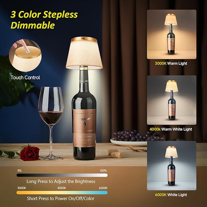 2025 New Bottle Lamp - LED Bottle Lights for Liquor & Wine Bottles, Cordless Lampshade, Whiskey Bottle Top Light, Bottle Stopper Night Light Kit, Rechargeable 3-Tone Touch-Dimmable