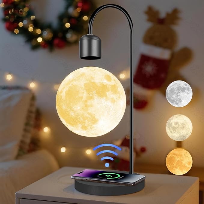 Floating Moon Lamp with 3 Color LED Lights, Magnetic Levitating Moon Ball & Wireless Phone Charger Elegant Home Office Decor Ideal Unique Gift with Cool Mesmerizing Night Display