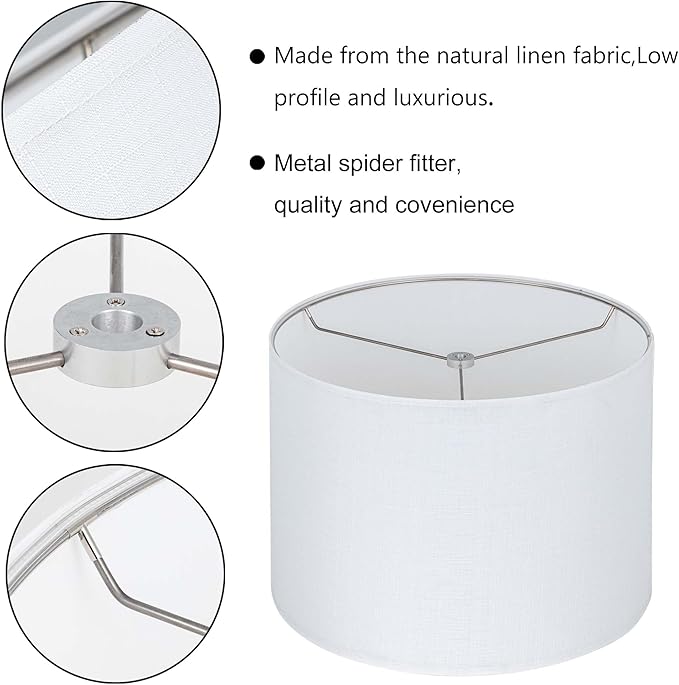 Wellmet White Set of 2 Drum Lampshades, Easy Assembly Required 16" Top x 16" Bottom x 12" High Replacement Lamp Shades, Fabric Lampshades for Table Lamps Floor Lamps, Metal Spider Fitter