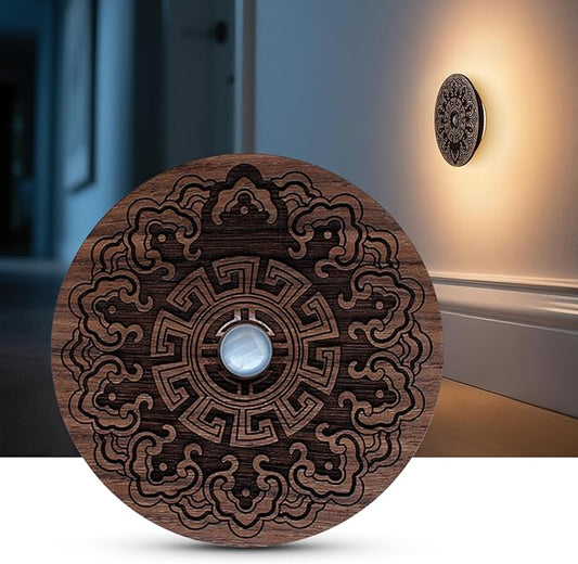 Motion Sensor Night Light Wood USB Rechargeable Stick-On Step Lights Magnetic Small Wall Lights for Hallway Bedroom Living Room Stair, Carved Black Walnut