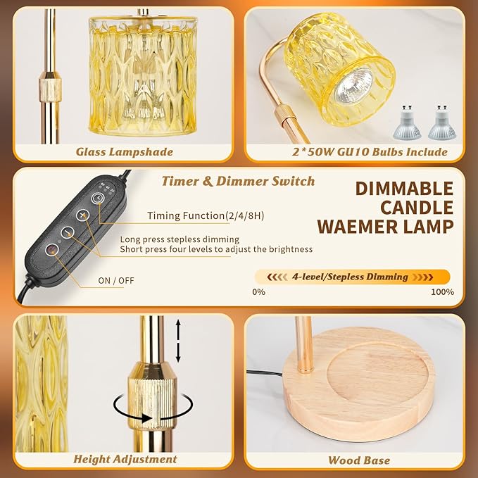 Candle Warmer Lamp with Timer and Dimmer, Height and Brightness Adjustable,Glass Electric Wax Warmer with 2 Bulbs for Women Mom Gifts, Home Decor for Scented Jar Candles (Yellow)