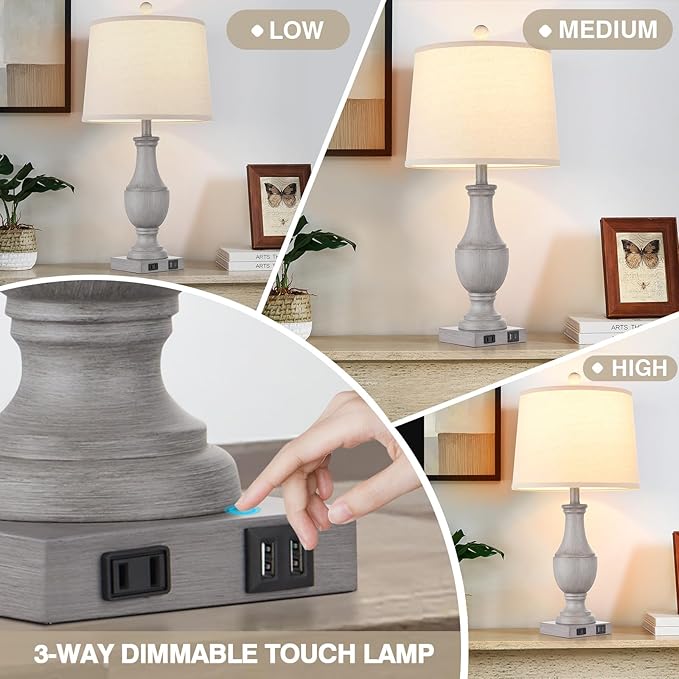 Farmhouse Table Lamps Set of 2, Rustic 25" Touch Control Bedside Lamps with 2 USB Ports & AC Outlet, Vintage 3-Way Dimmable Nightstand Lamp Linen Fabric Shade for Living Room Bedroom End Table Decor