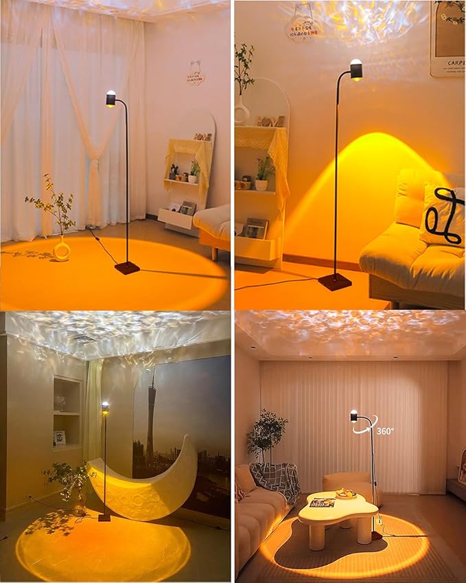 Black Sunset Lamp, 360 Degree Rotation Projection Led Lights Night Light, Multicolor Colors 3D Ocean Wave Lights, Modern Floor Lamp for Living Room Bedroom Office Dining Room Ambient Lighting