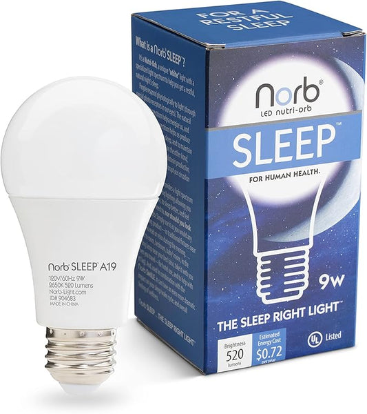 Norb NorbSLEEP Low-Blue Sleep Light Bulb – Melatonin-Boosting Nighttime LED for Restful Sleep – for Babies, Kids, & Adults – 9W A19 Dimmable, Natural Evening Spectrum, White Not Amber (1-Pack)